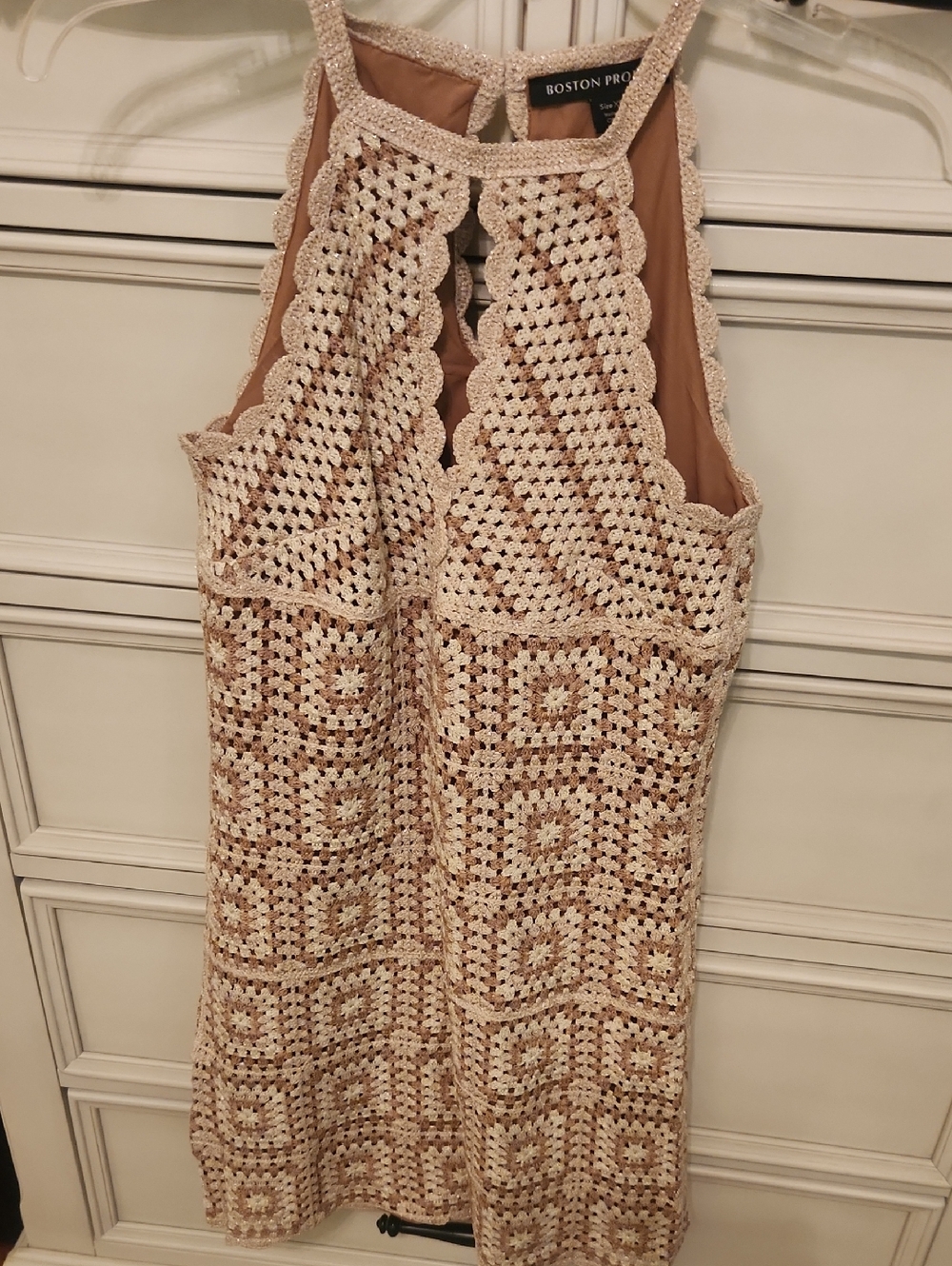 Boston Proper Beige and Cream Crochet Halter Dress